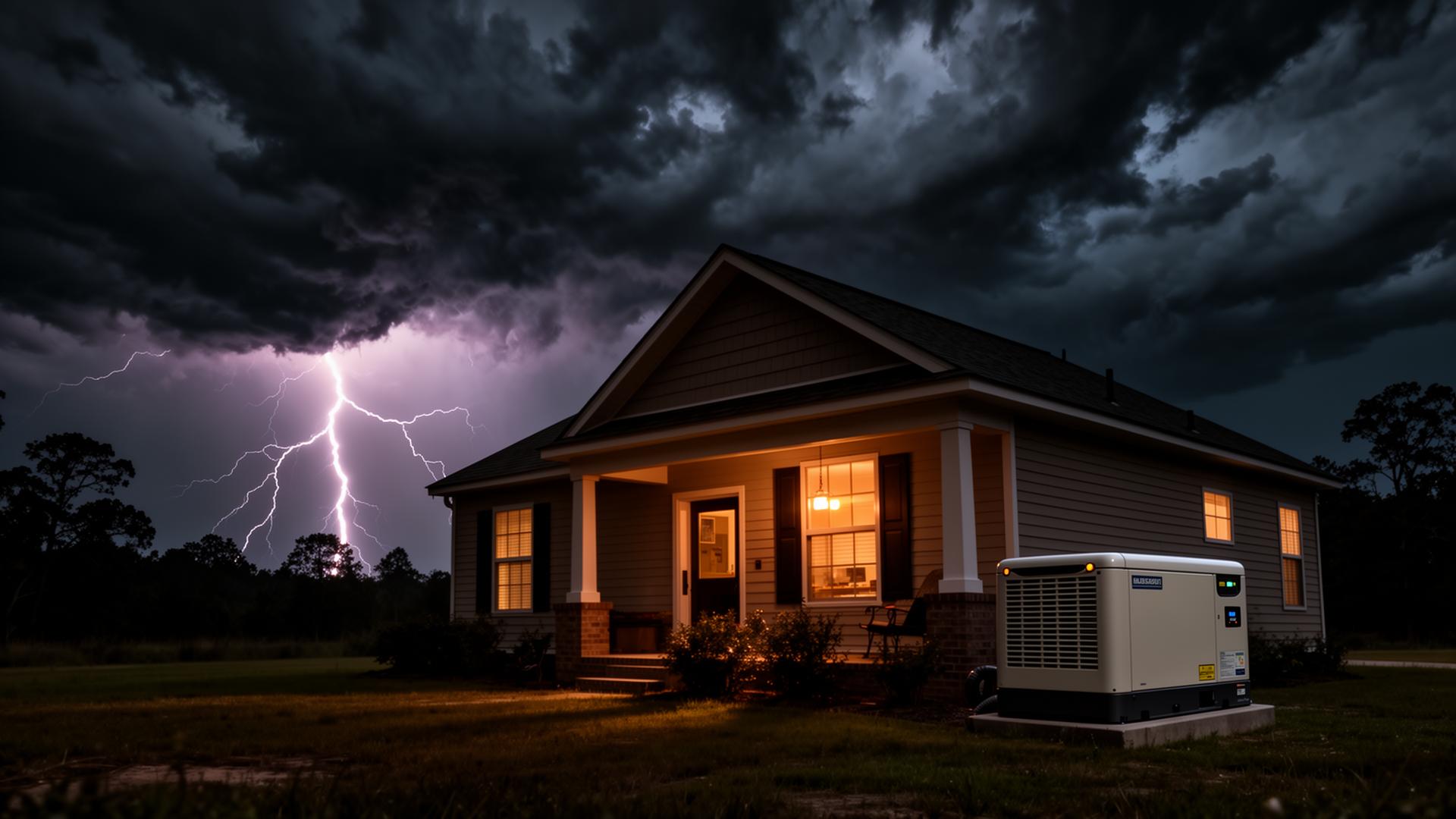 Home with backup generator during a lightning storm in Baldwin County, Alabama